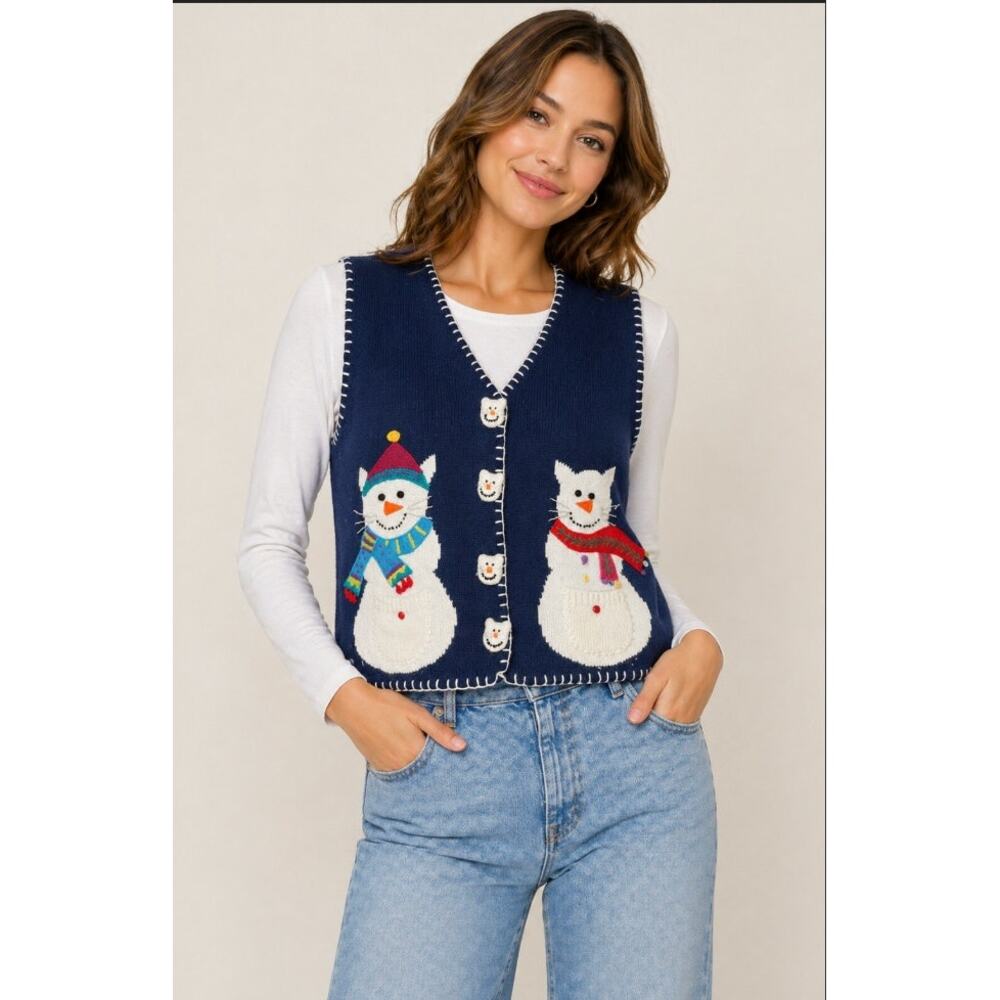 BellePointe Cat Snowman Sweater Vest Christmas Teacher Holiday Cute Kitschy M